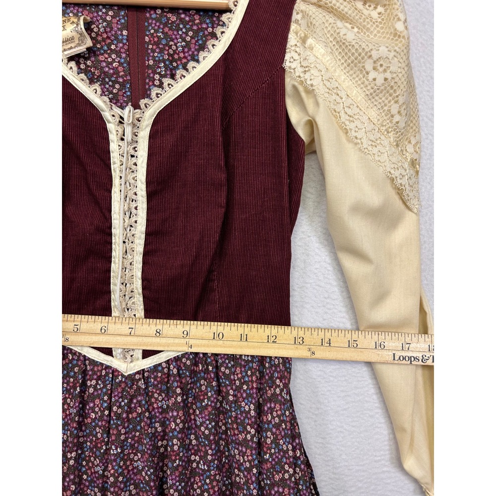 Gunne Sax Vintage Prairie Dress Womens XS Burgundy Floral Lace 70s Boho Dress - Picture 7 of 13